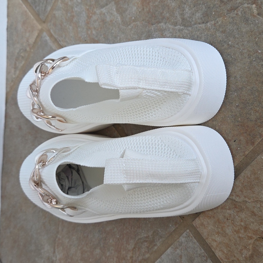 White Mesh Slip-On Sneakers Silvertone Chain Detail Chunky Wedge NWOT Sz 10 - Picture 6 of 17